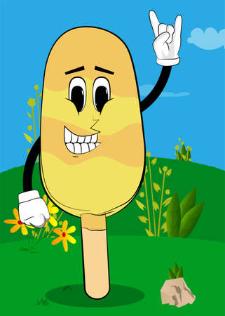 Ice Cream with hands in rocker pose. Summer refreshment, sweet food as a cartoon character with face.のイラスト素材