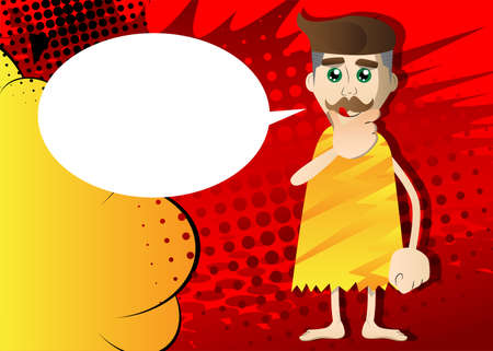 Cartoon prehistoric man thinking. Holding his chin with his hand. Vector illustration of a man from the stone age.のイラスト素材