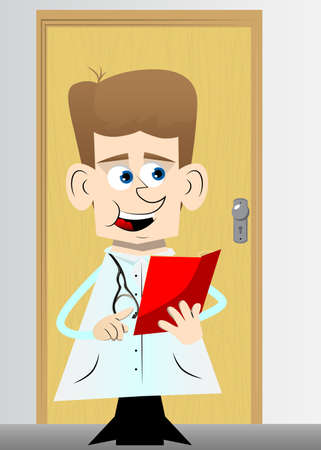 Funny cartoon doctor reading and pointing at an opened book. Vector illustration. Health care teacher, educator.のイラスト素材