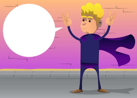 Funny cartoon man dressed as a superhero with hands in rocker pose. Vector illustration.のイラスト素材