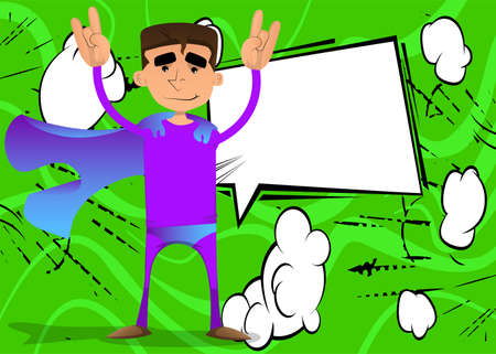 Funny cartoon man dressed as a superhero with hands in rocker pose. Vector illustration.のイラスト素材