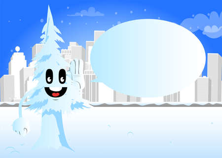 Cartoon winter pine trees with faces holds hand at his ear, listening. Cute forest trees. Snow on pine cartoon character, funny holiday vector illustration.のイラスト素材