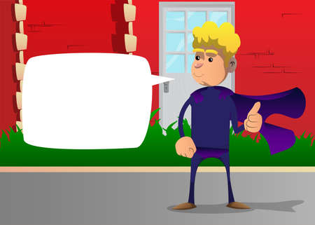 Funny cartoon man dressed as a superhero making thumbs up sign. Vector illustration.のイラスト素材