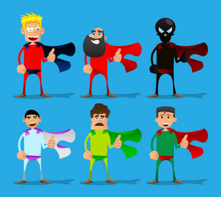 Funny cartoon man dressed as a superhero making thumbs up sign. Vector illustration.のイラスト素材