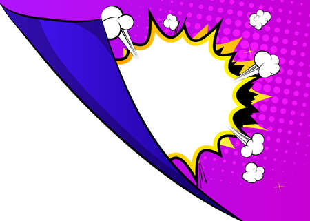 Retro comic background with turning paper corner. Rays and halftone dots, cartoon pop art style...