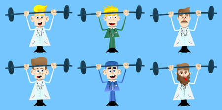 Funny cartoon doctor as a weightlifter lifting barbell. Vector illustration. Strong health care worker.のイラスト素材
