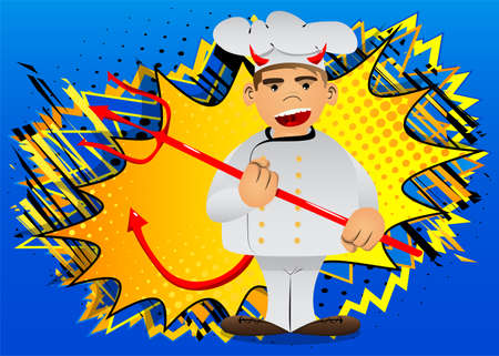 Fat male cartoon chef in uniform devil with pitchfork. Vector illustration.のイラスト素材