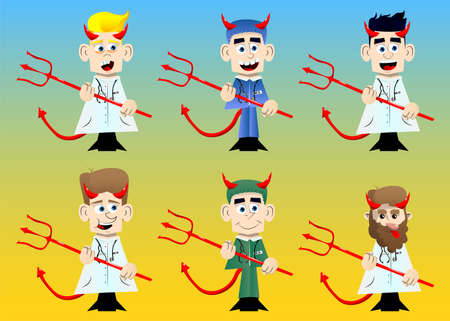 Funny cartoon doctor devil with pitchfork. Vector illustration.のイラスト素材