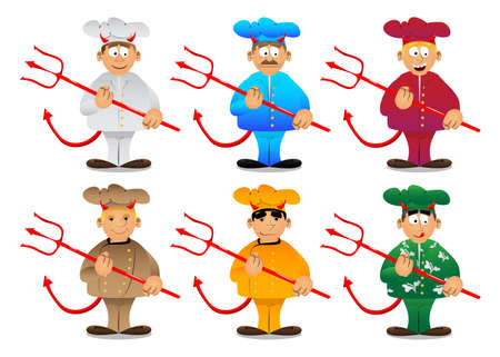 Fat male cartoon chef in uniform devil with pitchfork. Vector illustration.のイラスト素材