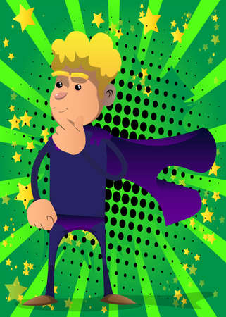 Funny cartoon man dressed as a superhero holding finger under his mouth. Vector illustration.のイラスト素材