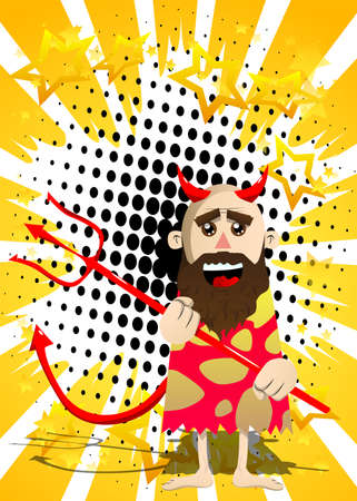 Cartoon prehistoric man devil with pitchfork. Vector illustration of a man from the stone age.のイラスト素材