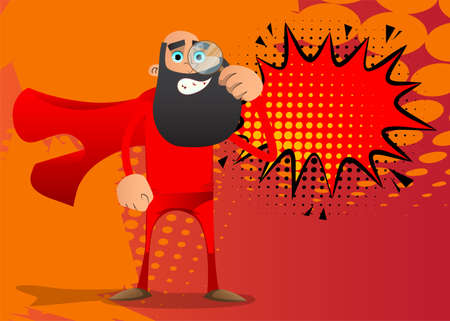 Funny cartoon man dressed as a superhero holding a magnifying glass. Vector illustration.のイラスト素材