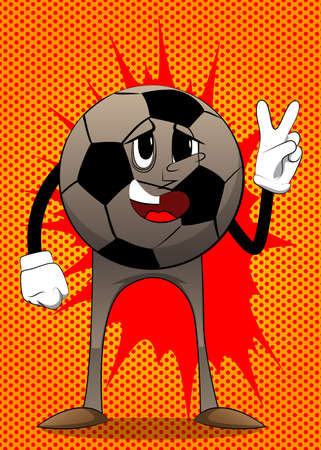 Soccer ball showing the V sign, peace hand gesture. Traditional football ball as a cartoon character with face.のイラスト素材