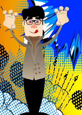 Funny cartoon man dressed for winter is trying to scare you. Vector illustration.のイラスト素材
