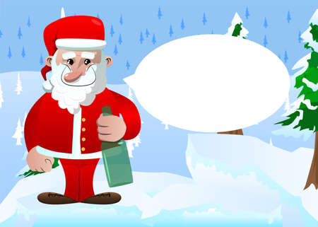 Santa Claus in his red clothes with white beard holding a bottle. Vector cartoon character illustration.のイラスト素材