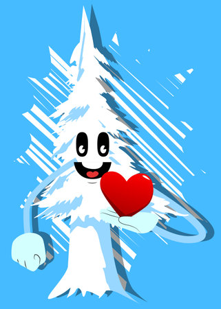 Cartoon winter pine trees with faces holding red heart in his hand. Cute forest trees. Snow on pine cartoon character, funny holiday vector illustration.のイラスト素材