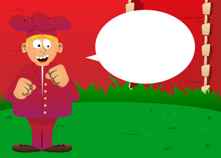Fat male cartoon chef in uniform holding his fists in front of him ready to fight. Vector illustration.のイラスト素材