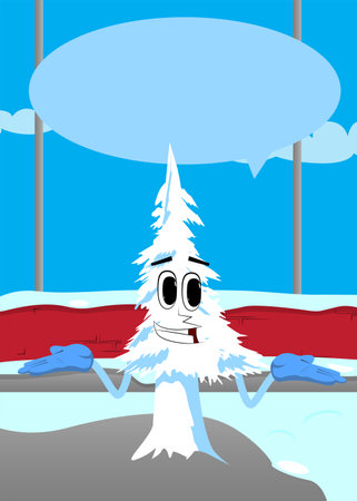 Cartoon winter pine trees with faces shrugs shoulders expressing don't know gesture. Cute forest trees. Snow on pine cartoon character, funny holiday vector illustration.のイラスト素材