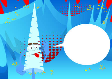 Cartoon winter pine trees with faces showing ok sign. Cute forest trees. Snow on pine cartoon character, funny holiday vector illustration.のイラスト素材