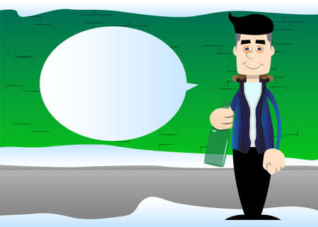 Funny cartoon man dressed for winter holding a bottle. Vector illustration.のイラスト素材