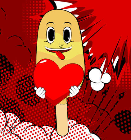Ice Cream hugging big red heart. Summer refreshment, sweet food as a cartoon character with face.のイラスト素材