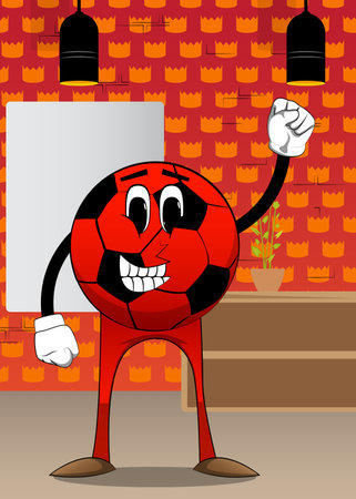 Soccer ball making power to the people fist gesture. Traditional football ball as a cartoon character with face.のイラスト素材
