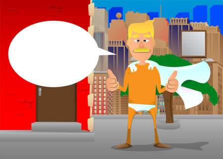 Funny cartoon man dressed as a superhero making thumbs up sign with two hands. Vector illustration.のイラスト素材