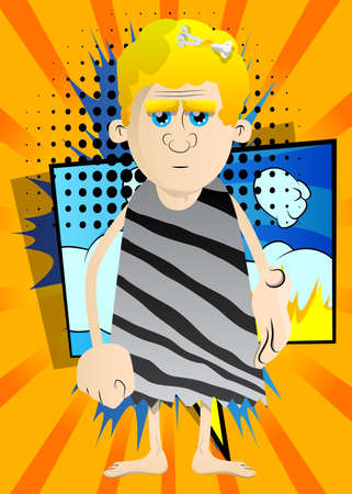 Cartoon prehistoric man giving a hand. Vector illustration of a man from the stone age greeting you.のイラスト素材