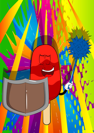 Ice Cream holding a spiked mace and shield. Summer refreshment, sweet food as a cartoon character with face.のイラスト素材