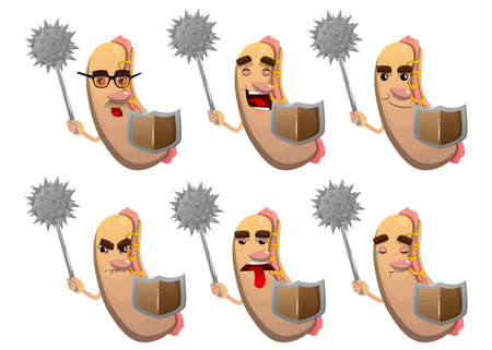 Hot Dog holding a spiked mace and shield. American fast food as a cartoon character with face.のイラスト素材