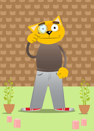 Funny cartoon cat holding a magnifying glass. Vector illustration. Cute orange, yellow haired young kitten.のイラスト素材