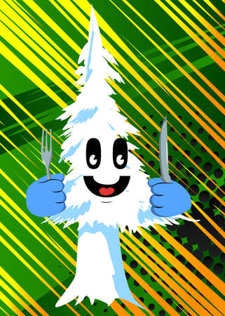 Cartoon winter pine trees with faces holding up a knife and fork. Cute forest trees. Snow on pine cartoon character, funny holiday vector illustration.のイラスト素材