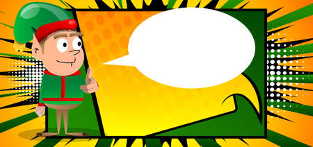 Christmas Elf pointing at the viewer with his hand. Vector cartoon character illustration of Santa Claus's little worker, helper.のイラスト素材