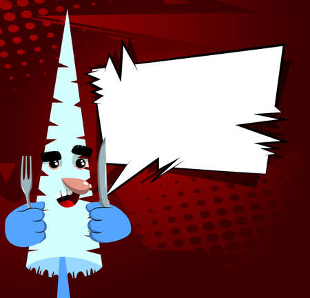 Cartoon winter pine trees with faces holding up a knife and fork. Cute forest trees. Snow on pine cartoon character, funny holiday vector illustration.のイラスト素材