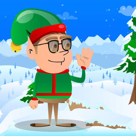 Christmas Elf with waving hand. Vector cartoon character illustration of Santa Claus's little worker, helper.のイラスト素材