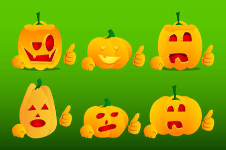 Decorative pumpkins for halloween making thumbs up sign as a cartoon character with face. Vector Illustration.のイラスト素材
