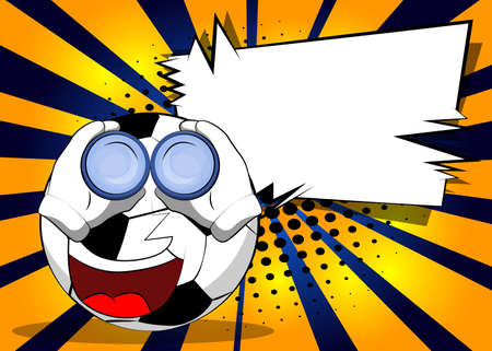 Soccer ball looking through binoculars. Traditional football ball as a cartoon character with face.のイラスト素材