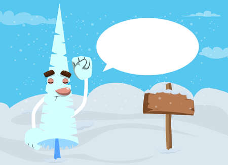 Cartoon winter pine trees with faces making power to the people fist gesture. Cute forest trees. Snow on pine cartoon character, funny holiday vector illustration.のイラスト素材