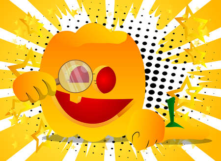 Decorative pumpkin for Halloween holding a magnifying glass as a cartoon character with face. Vector Illustration.のイラスト素材