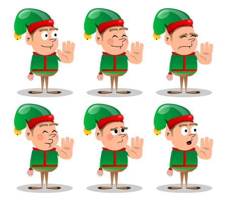 Christmas Elf showing deny or refuse hand gesture. Vector cartoon character illustration of Santa Claus's little worker, helper.のイラスト素材