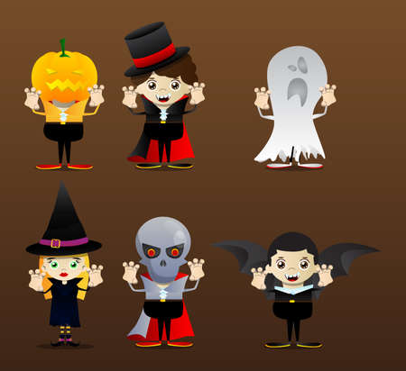 Kids dressed for Halloween is trying to scare you. Vector cartoon character illustration of kids ready to Trick or Treat.のイラスト素材