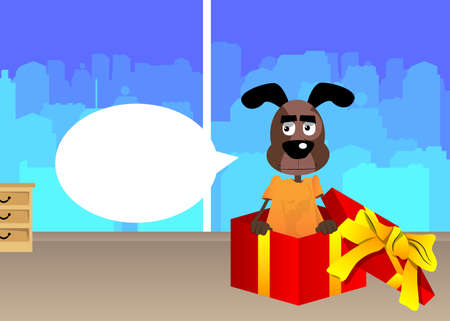 Funny cartoon dog in a gift box. Vector illustration. Celebrating holiday event with a cute surprise.のイラスト素材