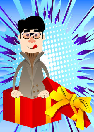 Funny cartoon man dressed for winter in a gift box. Vector illustration. Celebrating holiday event with a cute surprise.のイラスト素材