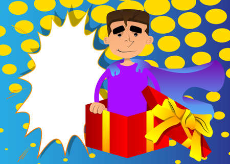 Funny cartoon man dressed as a superhero in a gift box. Vector illustration. Celebrating holiday event with a cute surprise.のイラスト素材