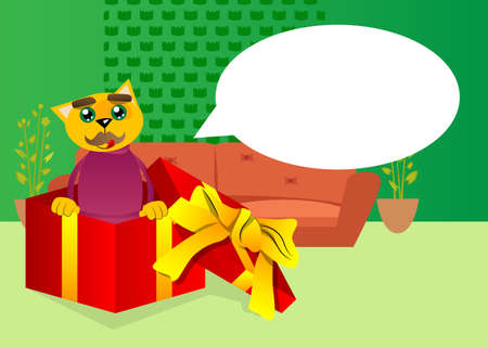 Funny cartoon cat in a gift box. Vector illustration. Cute orange, yellow haired young kitten.のイラスト素材
