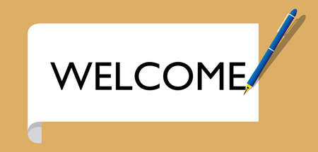 Welcome text on white paper with pen.Cartoon vector illustration.のイラスト素材
