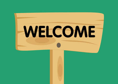 Welcome text on Wooden sign. Cartoon vector illustration.のイラスト素材