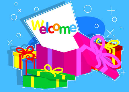 Opened gift box with white paper and Welcome text. Christmas, New Year or Birthday present.のイラスト素材