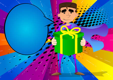 Funny cartoon man dressed as a superhero holding big gift box. Vector illustration.のイラスト素材