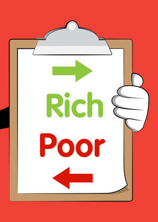 Cartoon Hand holding banner with Poor or Rich words with arrows on white paper. Man showing billboard.のイラスト素材